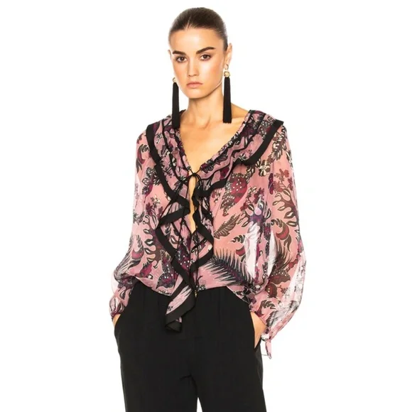 CHLOE Ruffled Cactus-Print Silk Blouse, Pink/Burgandy - Picture 1 of 12